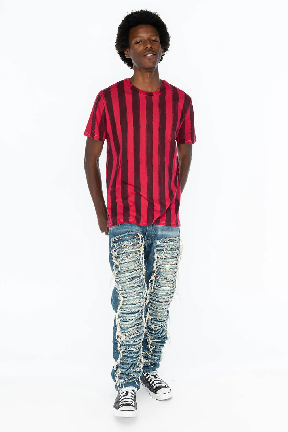 MARLON RIPPED,BROKEN HAND REPAIRED DENIM JEANS IN MANDAN BLUE WITH STUDS AND CRYSTALS sold by Robin's Jean product image thumbnail 4