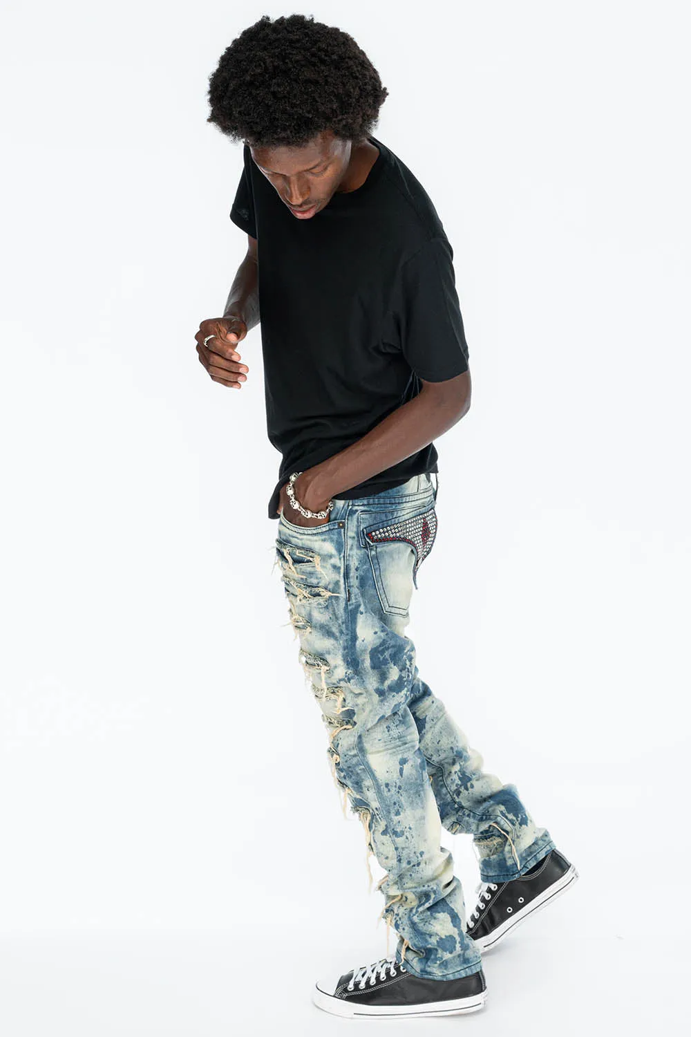 VINTAGE DISTRESSED & REPAIRED JEANS WITH BACK POCKET CRYSTALS IN BLUE CHEROKEE WASH sold by Robin's Jean product image thumbnail 2