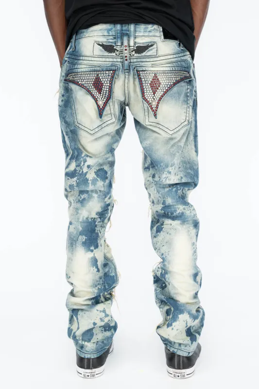 VINTAGE DISTRESSED & REPAIRED JEANS WITH BACK POCKET CRYSTALS IN BLUE CHEROKEE WASH sold by Robin's Jean