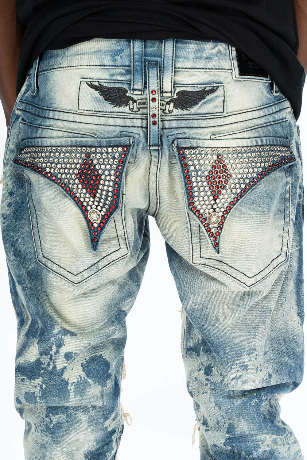VINTAGE DISTRESSED & REPAIRED JEANS WITH BACK POCKET CRYSTALS IN BLUE CHEROKEE WASH sold by Robin's Jean product image thumbnail 5