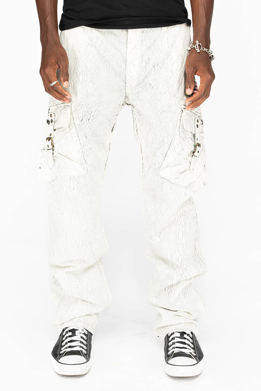 MENS MILITARY STYLE CARGO PANTS IN CRACKLE WHITE DYE WITH PATCH sold by Robin's Jean product image thumbnail 2