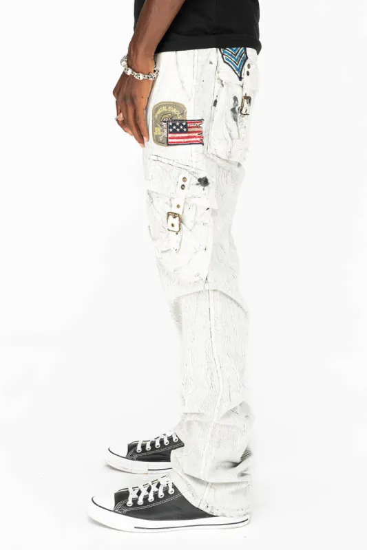MENS MILITARY STYLE CARGO PANTS IN CRACKLE WHITE DYE WITH PATCH sold by Robin's Jean