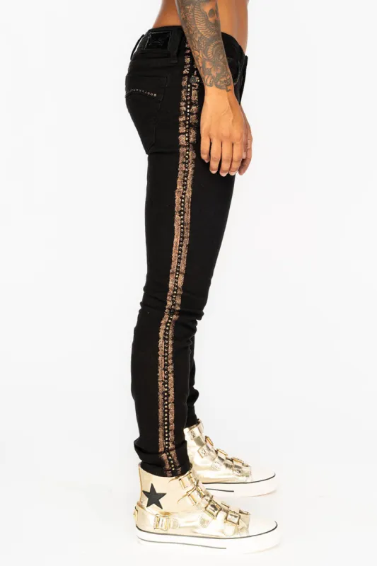MARILYN WOMENS SKINNY JEANS IN BLACK WITH COPPER GLITTER TUXEDO STRIPE  WITH SMOKEY TOPAZ CRYSTALS sold by Robin's Jean