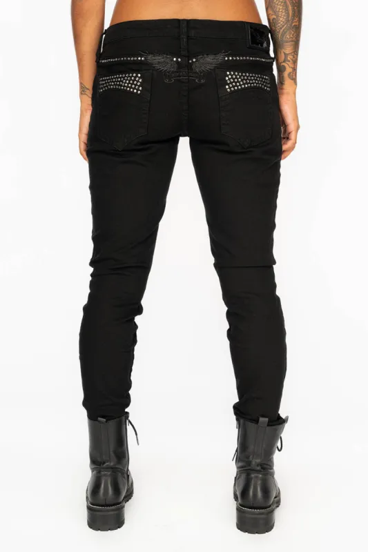 MARILYN WOMENS DISTRESSED & REPAIRED STUDDED SKINNY JEANS IN BLACK WITH BLACK WINGS AND CLEAR CRYSTALS sold by Robin's Jean