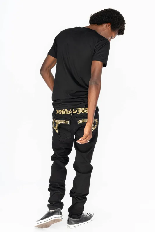 KILLER FLAP MENS SKINNY JEANS IN PURE BLACK WITH GOLD GOTHIC EMBROIDERY FULLY EMBELLISHED  CRYSTALS sold by Robin's Jean