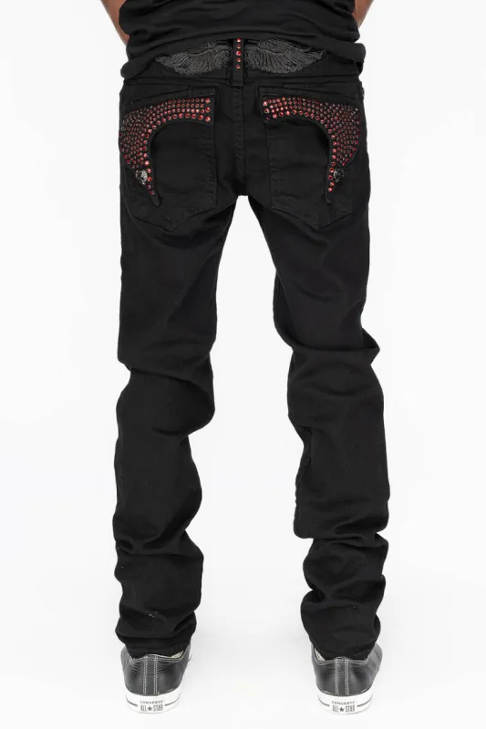 KILLER FLAP MENS SKINNY JEANS IN PURE BLACK WITH BLK TONAL WINGS AND FULL RED CRYSTALS sold by Robin's Jean