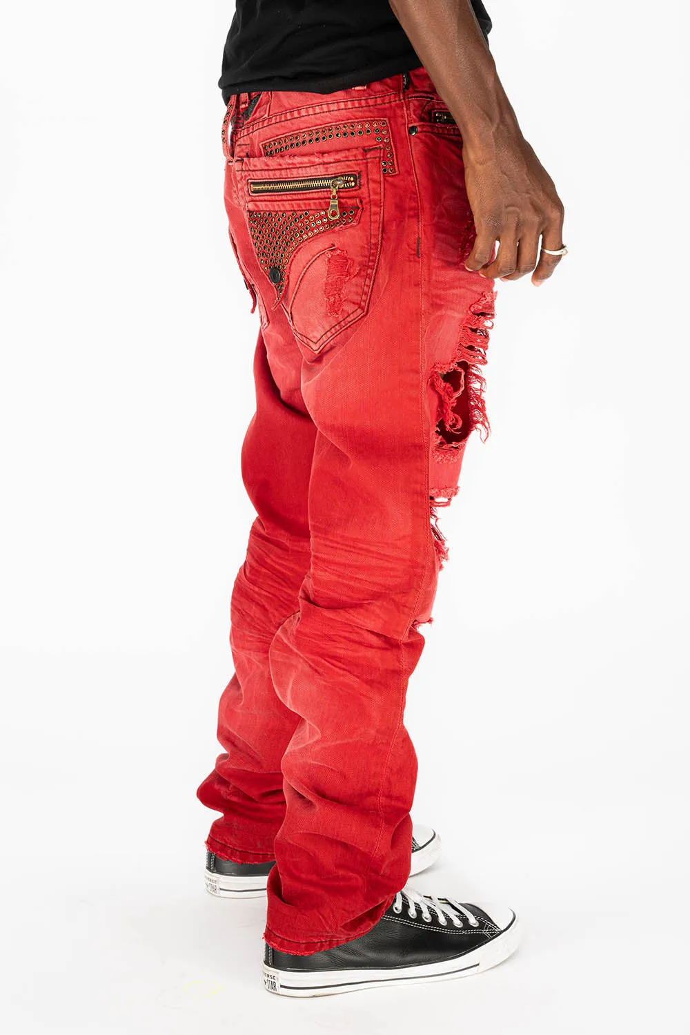 MINI FLAP MENS SLIM JEANS IN F-UP RED DESTROY WITH CRYSTALS sold by Robin's Jean product image thumbnail 3
