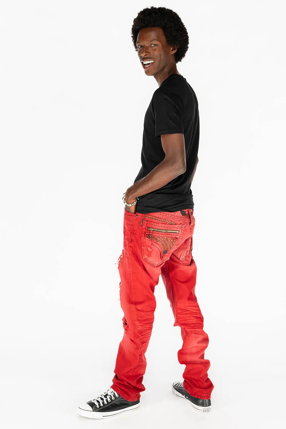 MINI FLAP MENS SLIM JEANS IN F-UP RED DESTROY WITH CRYSTALS sold by Robin's Jean