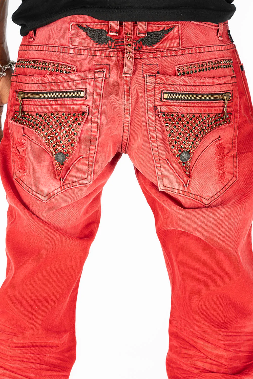 MINI FLAP MENS SLIM JEANS IN F-UP RED DESTROY WITH CRYSTALS sold by Robin's Jean product image thumbnail 4