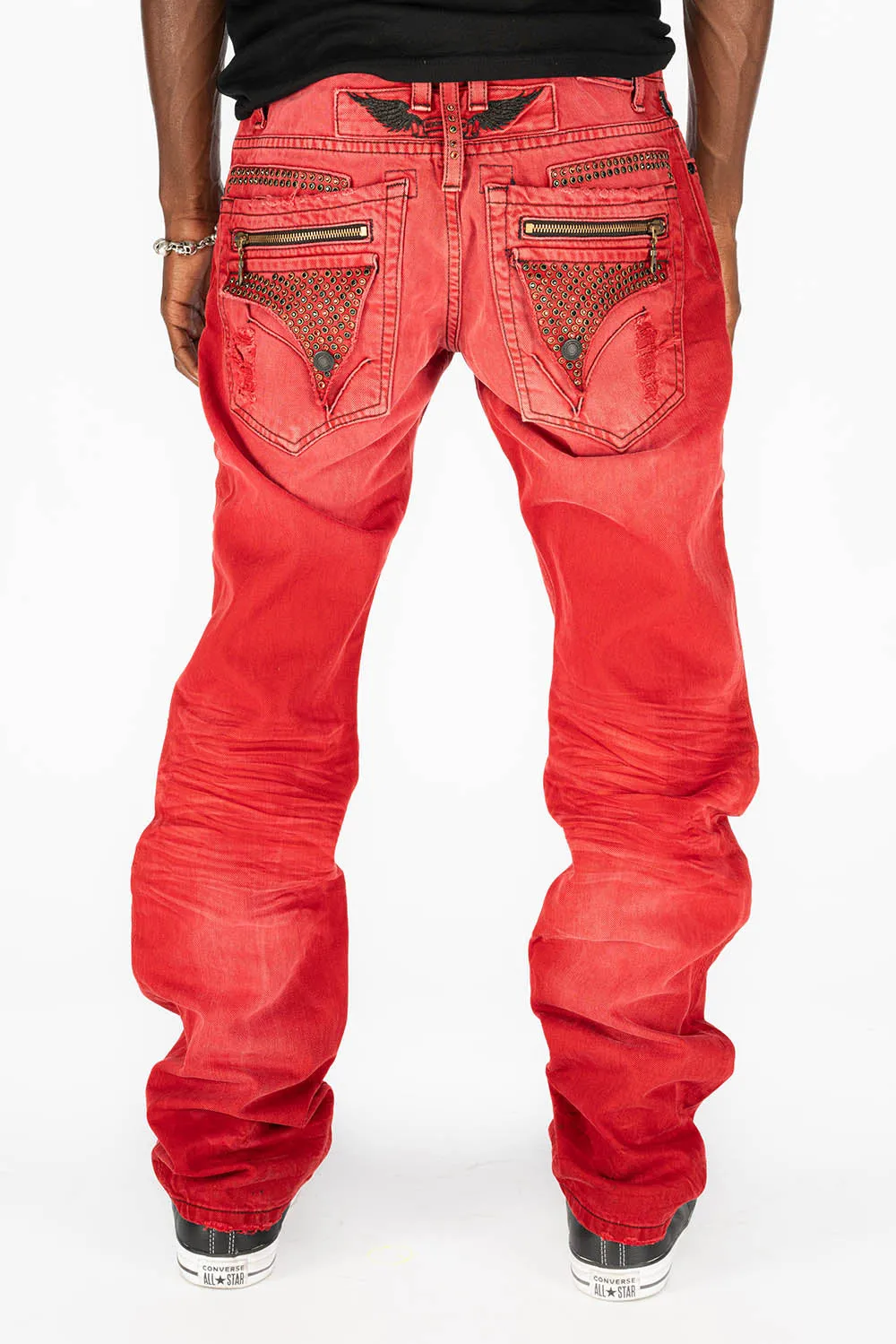 MINI FLAP MENS SLIM JEANS IN F-UP RED DESTROY WITH CRYSTALS sold by Robin's Jean product image thumbnail 2