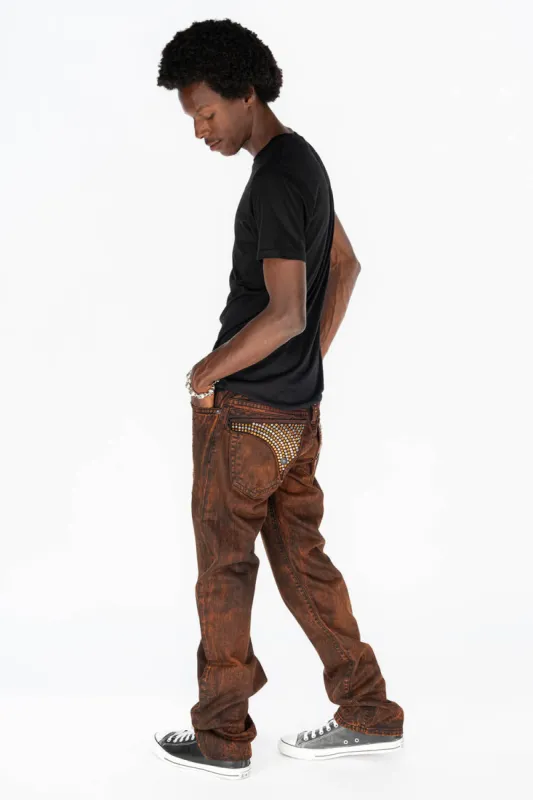 MENS LONG FLAP STRAIGHT CUT JEANS WITH CRYSTALS IN OIL BROWN sold by Robin's Jean
