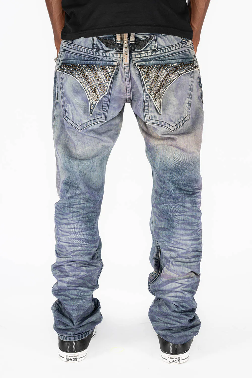 MENS LONG FLAP SLIM JEANS WITH CRYSTALS IN M WASH PURPLE BLUE WASH sold by Robin's Jean