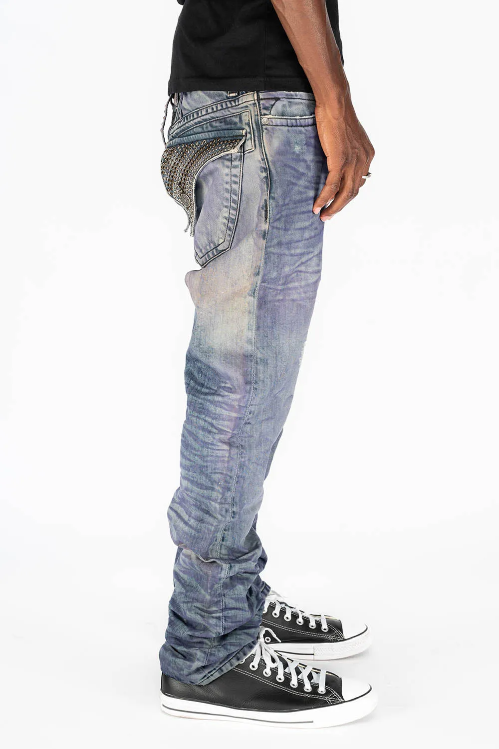 MENS LONG FLAP SLIM JEANS WITH CRYSTALS IN M WASH PURPLE BLUE WASH sold by Robin's Jean product image thumbnail 4