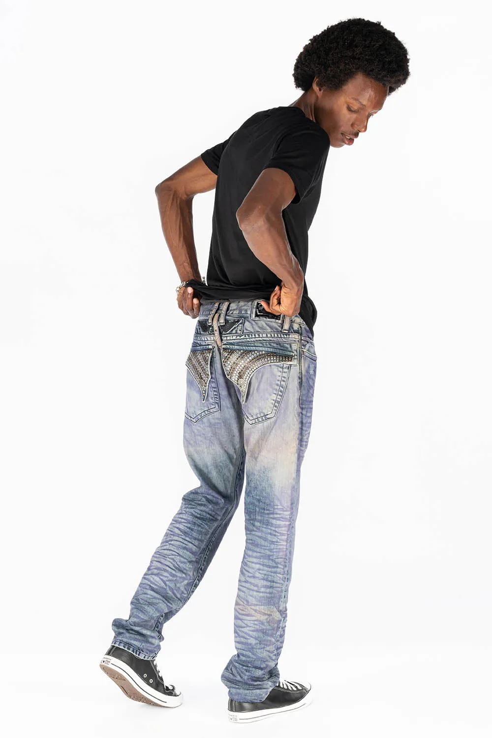MENS LONG FLAP SLIM JEANS WITH CRYSTALS IN M WASH PURPLE BLUE WASH sold by Robin's Jean product image thumbnail 5