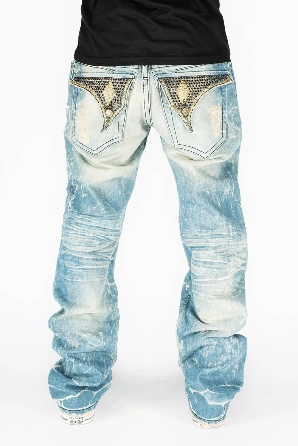 VINTAGE RIPPED,DISTRESSED JEANS WITH BACK POCKET CRYSTALS IN BLUE 4D LIGHT BROKEN WASH sold by Robin's Jean product image thumbnail 4