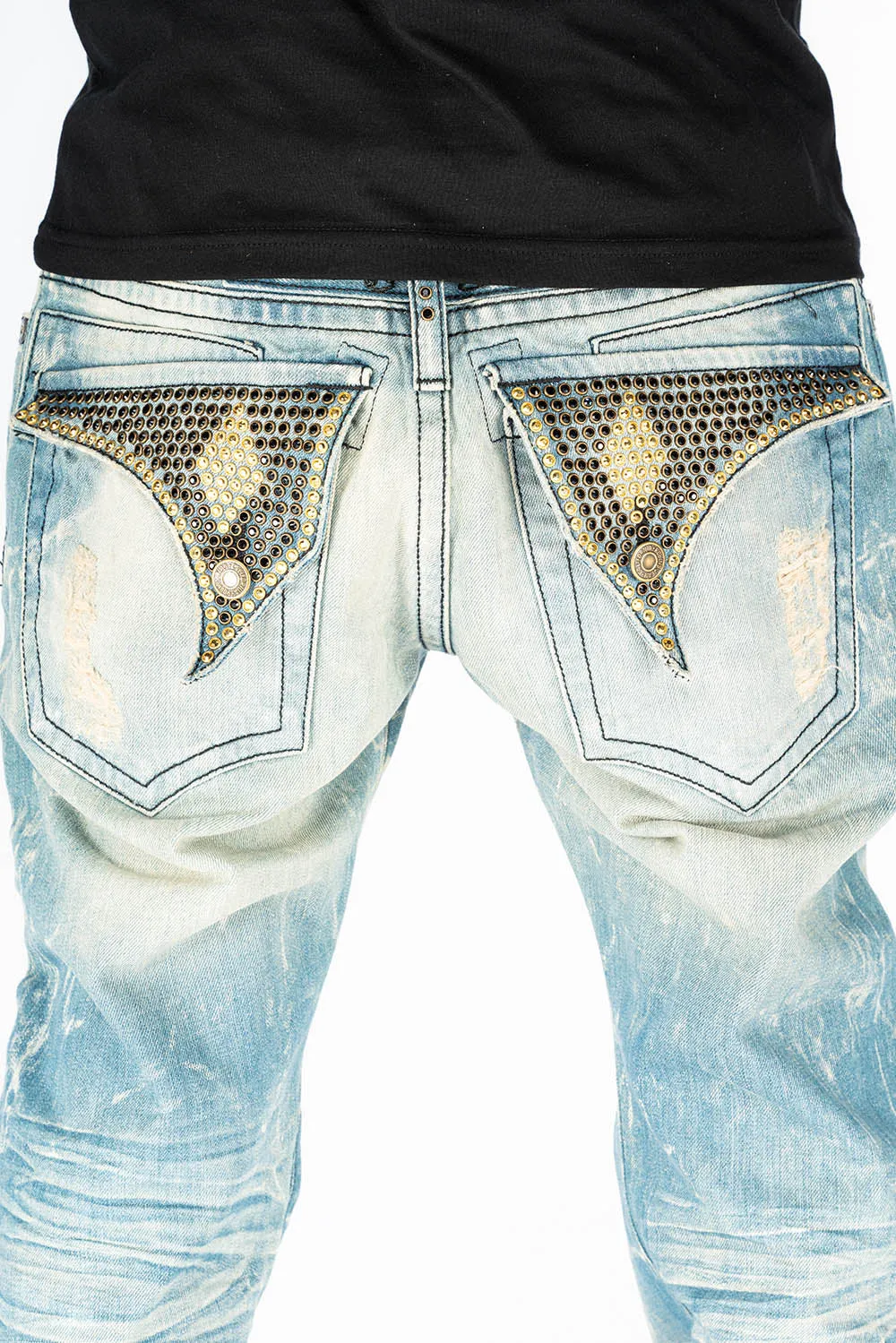 VINTAGE RIPPED,DISTRESSED JEANS WITH BACK POCKET CRYSTALS IN BLUE 4D LIGHT BROKEN WASH sold by Robin's Jean product image thumbnail 3