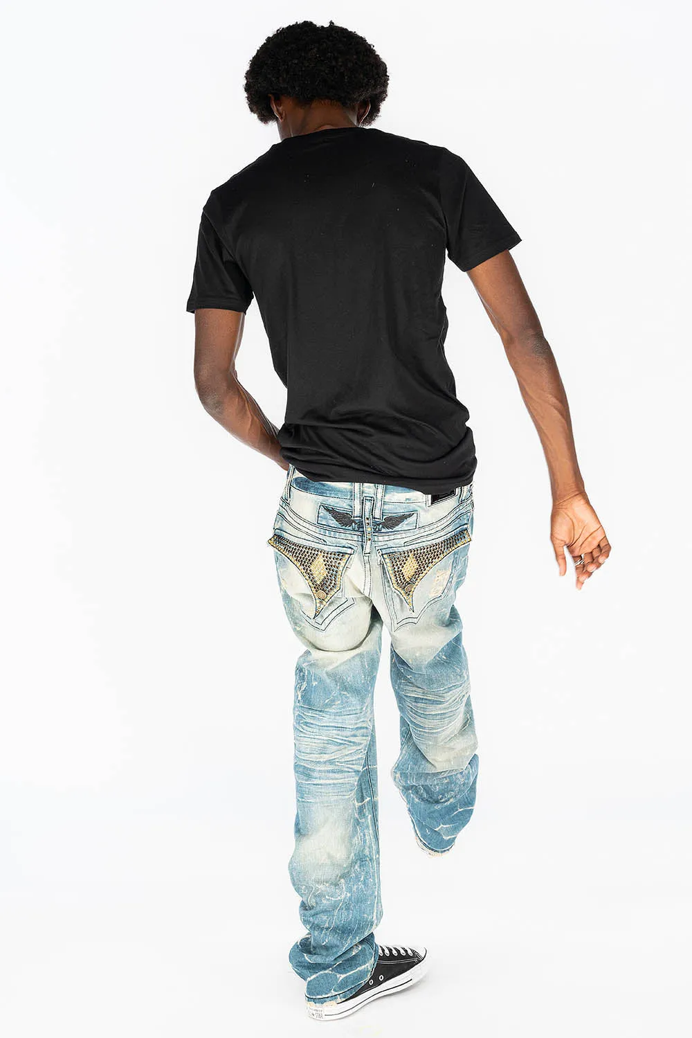 VINTAGE RIPPED,DISTRESSED JEANS WITH BACK POCKET CRYSTALS IN BLUE 4D LIGHT BROKEN WASH sold by Robin's Jean