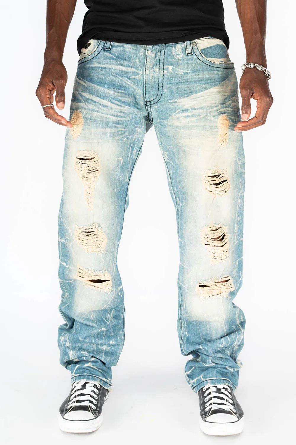VINTAGE RIPPED,DISTRESSED JEANS WITH BACK POCKET CRYSTALS IN BLUE 4D LIGHT BROKEN WASH sold by Robin's Jean product image thumbnail 5
