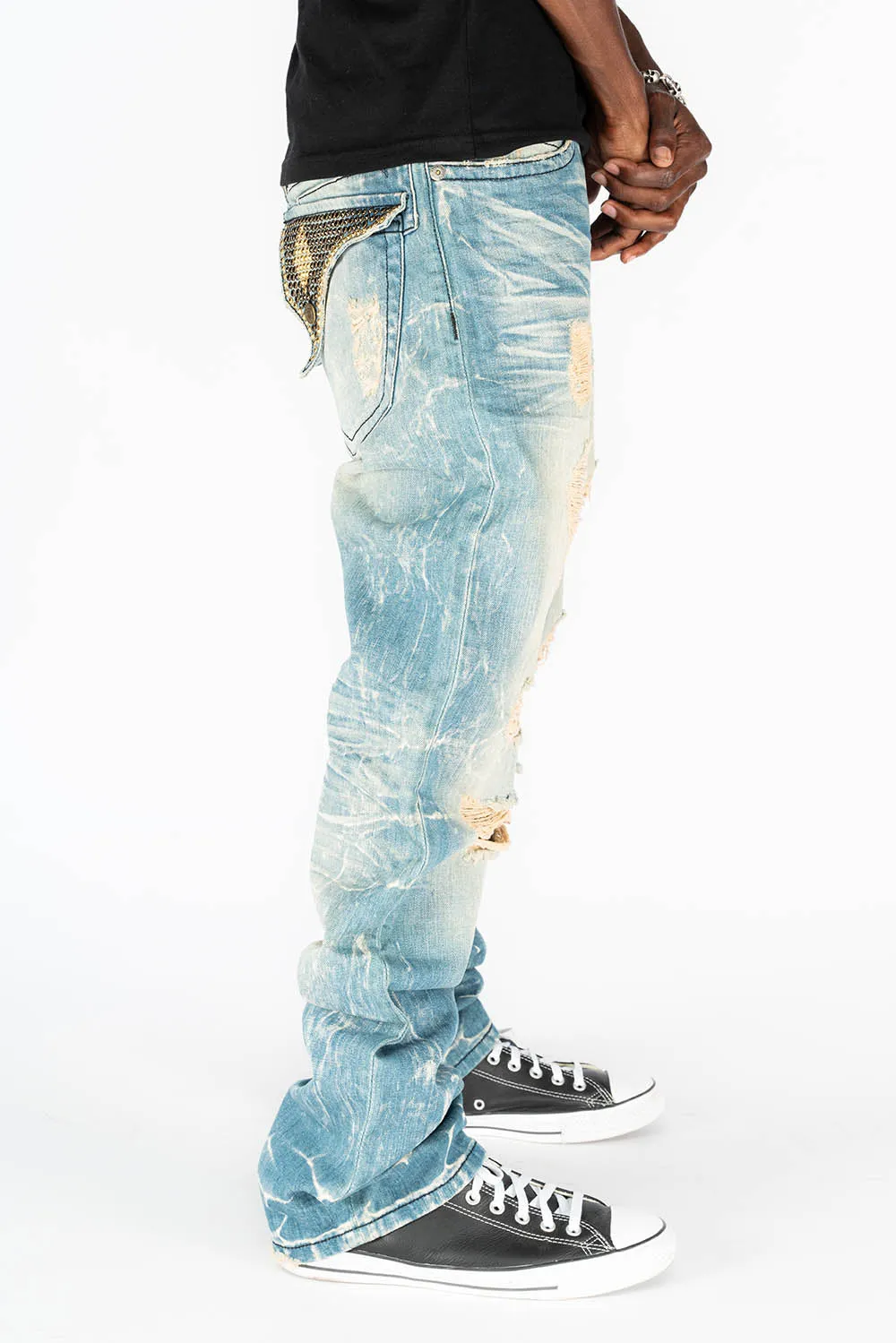 VINTAGE RIPPED,DISTRESSED JEANS WITH BACK POCKET CRYSTALS IN BLUE 4D LIGHT BROKEN WASH sold by Robin's Jean product image thumbnail 2