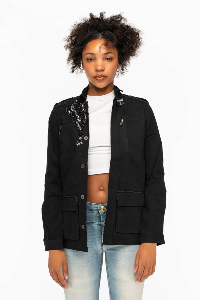 MILITARY JACKET WITH CRYSTALS IN BLACK | Parallel