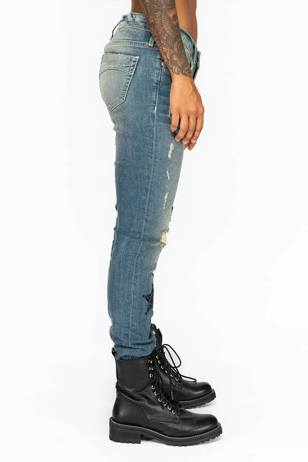MIDRISE WOMENS SKINNY JEANS IN RIPPED BLUE WASH WITH JET BLACK CRYSTAL STARS sold by Robin's Jean product image thumbnail 5