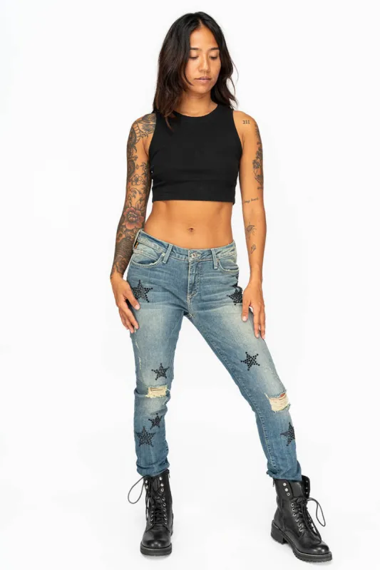 MIDRISE WOMENS SKINNY JEANS IN RIPPED BLUE WASH WITH JET BLACK CRYSTAL STARS sold by Robin's Jean