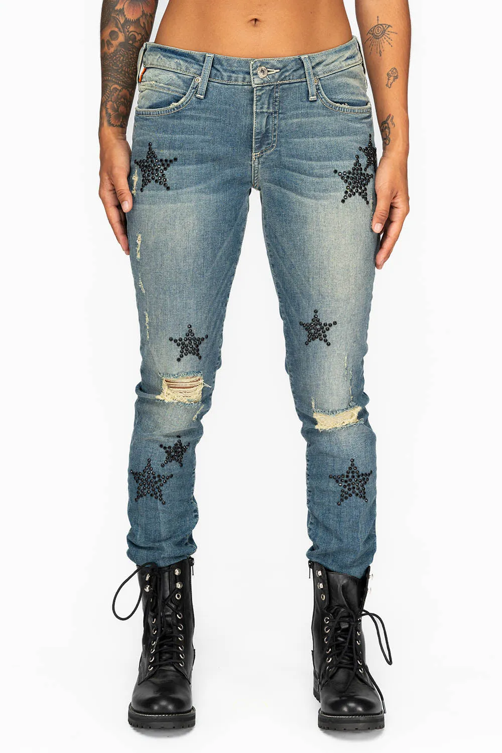 MIDRISE WOMENS SKINNY JEANS IN RIPPED BLUE WASH WITH JET BLACK CRYSTAL STARS sold by Robin's Jean product image thumbnail 4