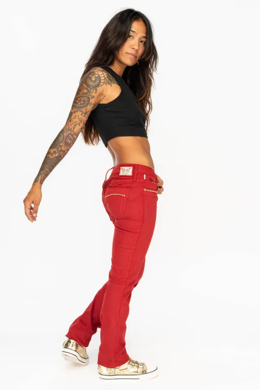 LOW RISE WOMENS JEANS IN BURGUNDY  WITH CLEAR CRYSTAL sold by Robin's Jean