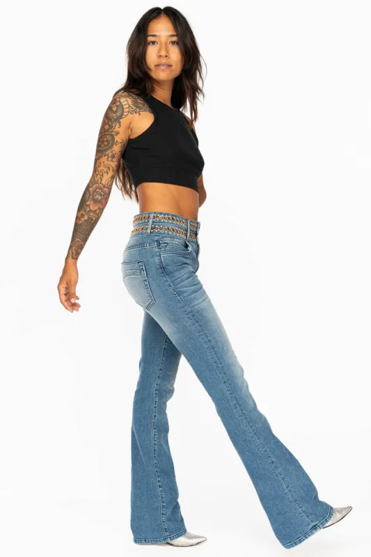 WOMENS DOUBLE WAISTBAND HIGH RISE FLAIR JEANS IN MEDIUM ANTIQUE WASH WITH RED CRYSTALS & GOLD NAILHEADS sold by Robin's Jean