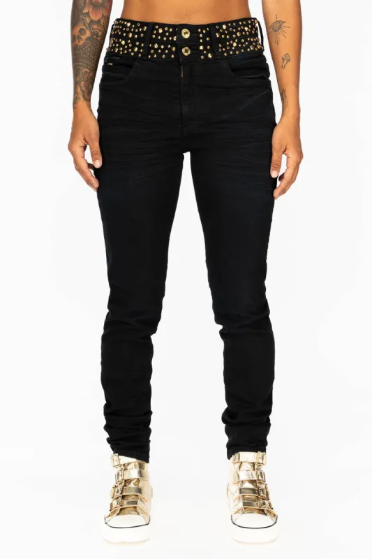 ROBIN'S DOUBLE WAIST SKINNY JEAN IN F-UP BLACK WITH CRYSTALS, SPIKES & NAILHEADS sold by Robin's Jean