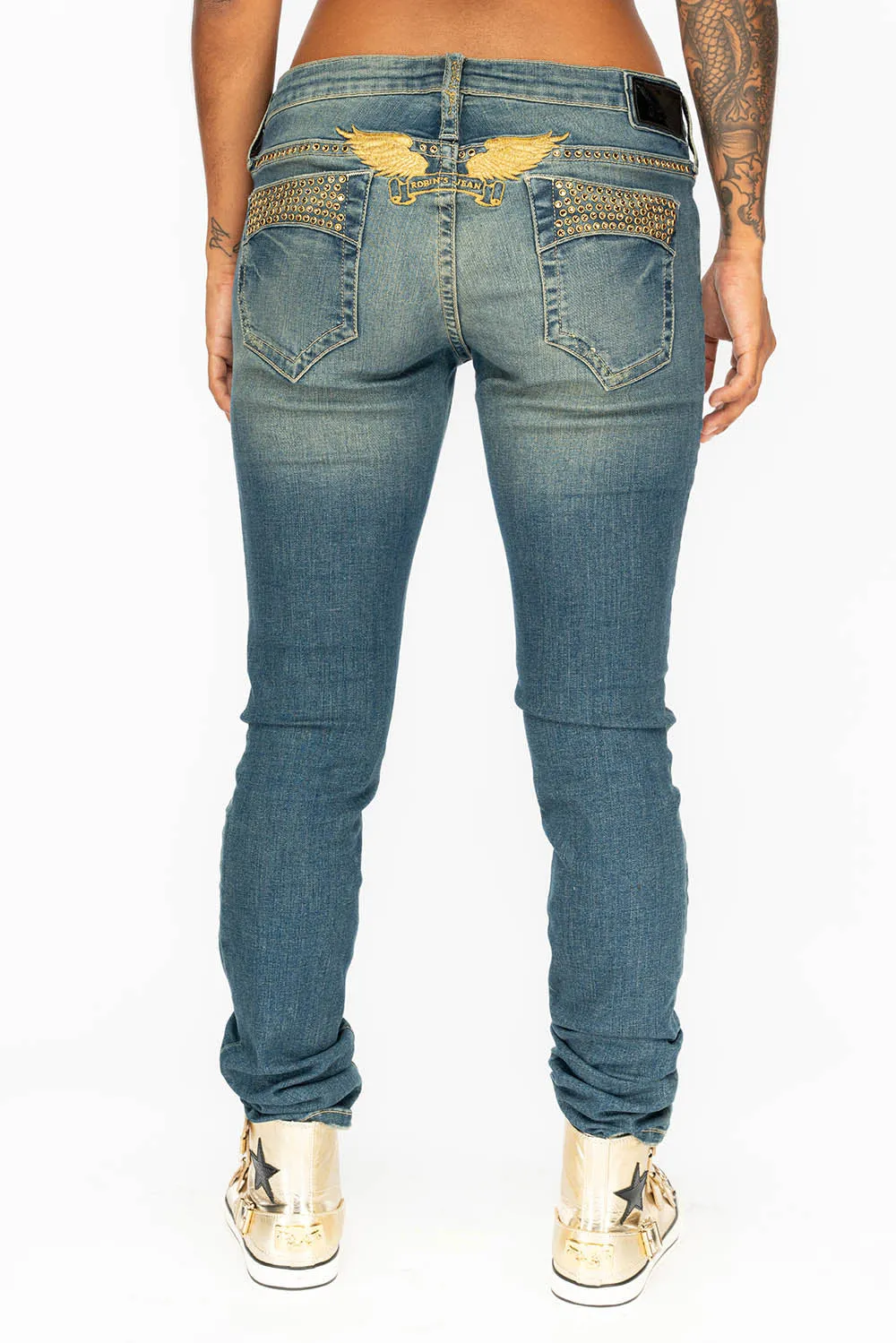 MARILYN WOMENS DISTRESSED STUDDED SKINNY BLUE JEANS WITH GOLD EMBELLISHMENT sold by Robin's Jean product image thumbnail 5