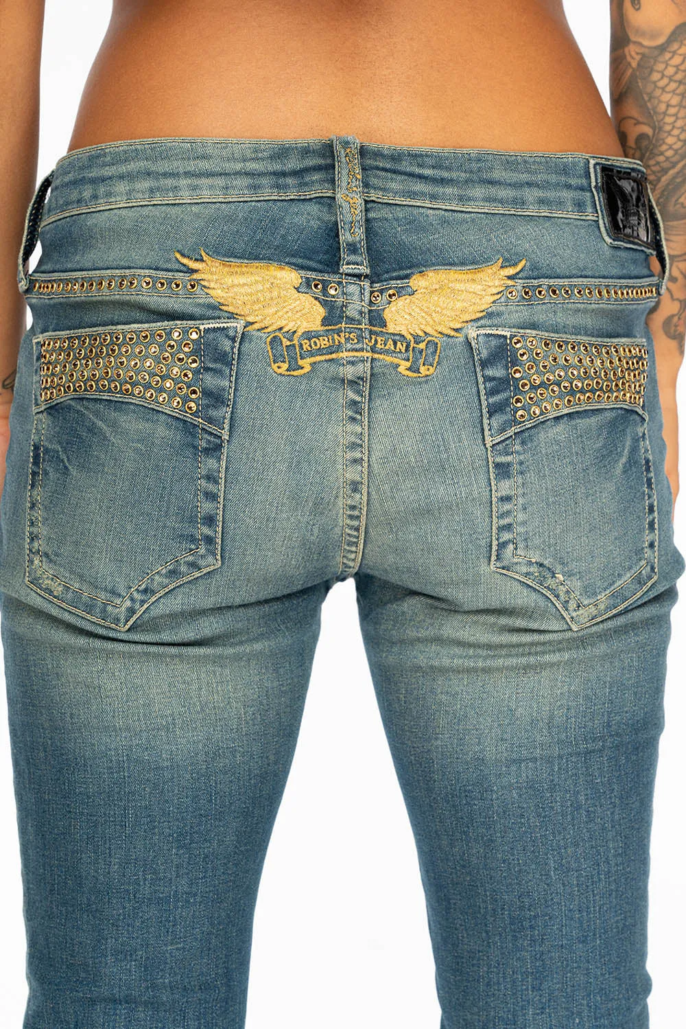 MARILYN WOMENS DISTRESSED STUDDED SKINNY BLUE JEANS WITH GOLD EMBELLISHMENT sold by Robin's Jean product image thumbnail 4