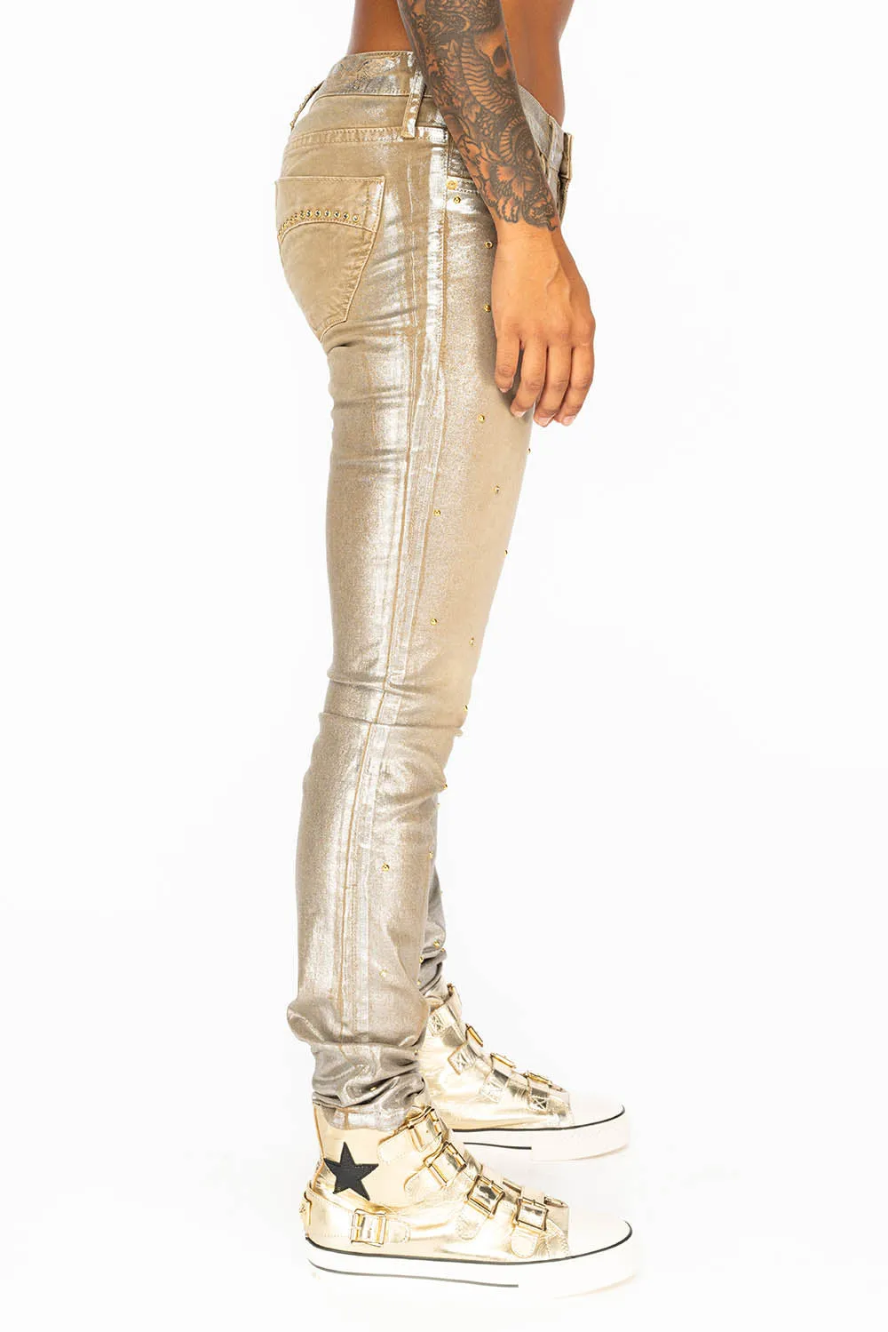 JANE MID RISE WOMENS SKINNY JEANS IN KHAKI LISA SILVER WITH TONAL WINGS AND CRYSTALS sold by Robin's Jean product image thumbnail 3