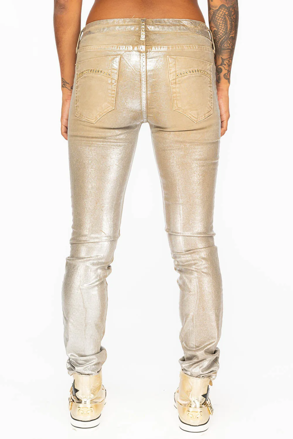 JANE MID RISE WOMENS SKINNY JEANS IN KHAKI LISA SILVER WITH TONAL WINGS AND CRYSTALS sold by Robin's Jean product image thumbnail 4