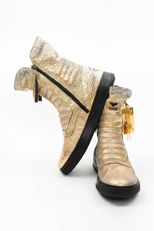 MENS HIGH TOP BIKER SHOES IN CRACKLED GOLD sold by Robin's Jean
