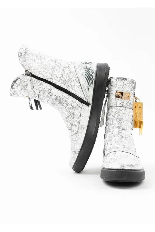 MENS HIGH TOP BIKER SHOES IN CRACKLED WHITE sold by Robin's Jean