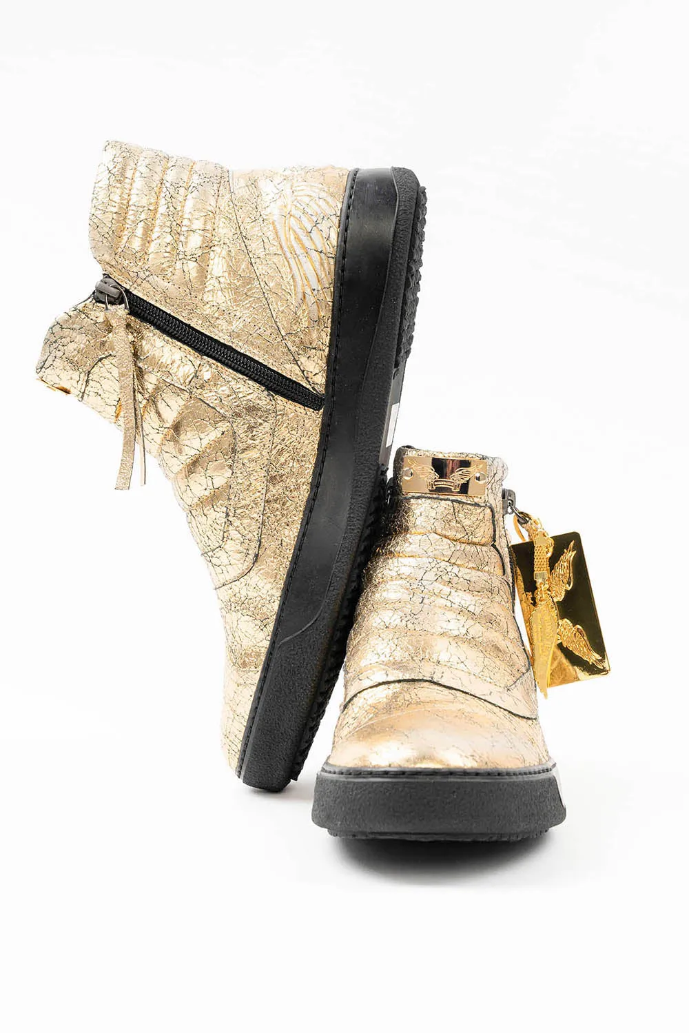 MENS MID TOP BIKER SHOES IN CRACKLED GOLD sold by Robin's Jean