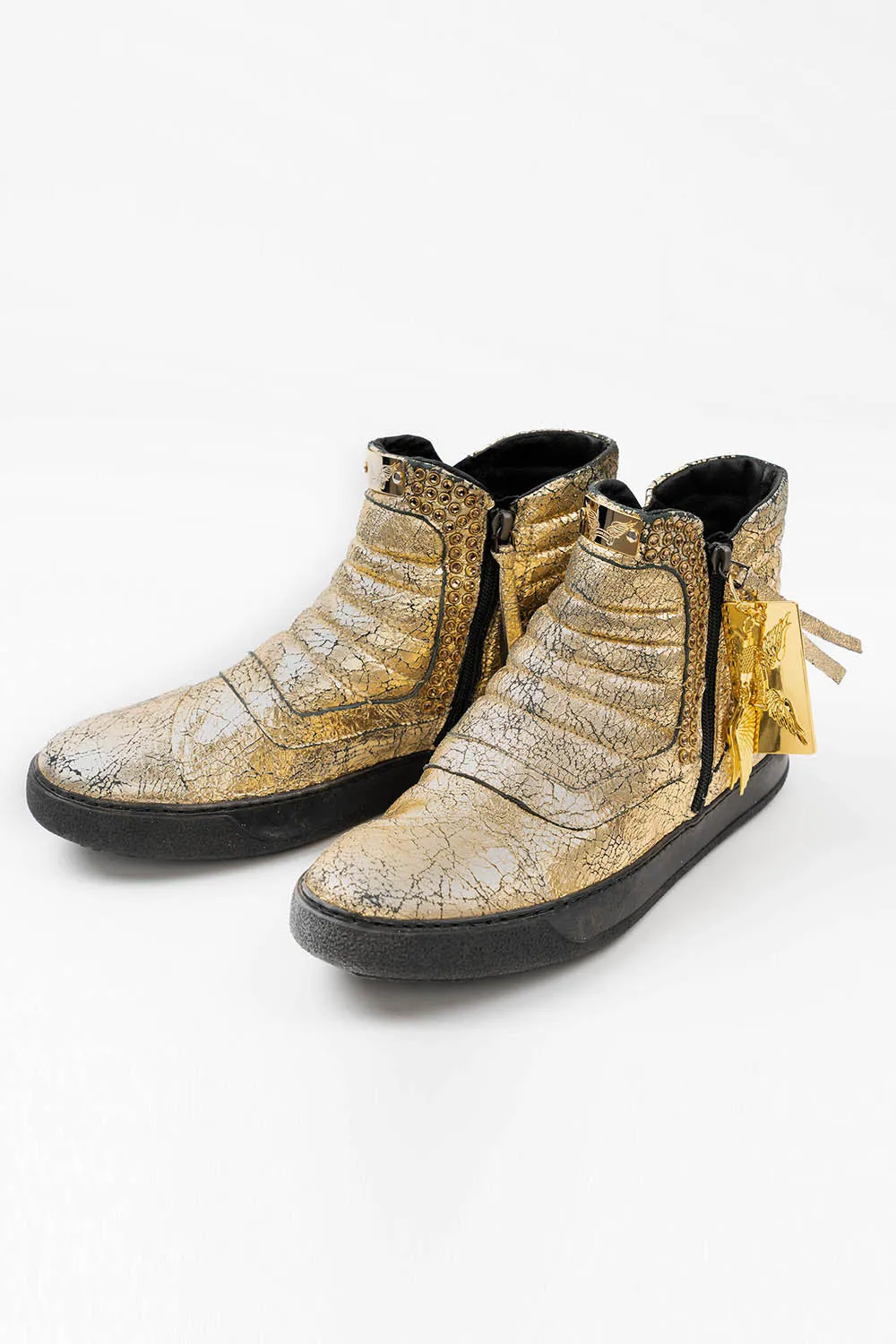 MENS MID TOP BIKER SHOES IN CRACKLED GOLD LEATHER WITH CRYSTALS sold by Robin's Jean product image thumbnail 2