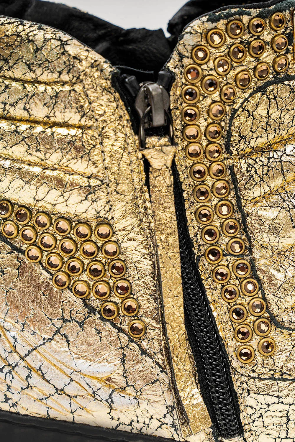 MENS MID TOP BIKER SHOES IN CRACKLED GOLD LEATHER WITH CRYSTALS sold by Robin's Jean product image thumbnail 3