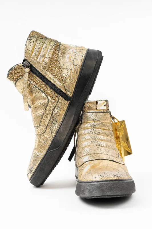 MENS MID TOP BIKER SHOES IN CRACKLED GOLD LEATHER WITH CRYSTALS sold by Robin's Jean