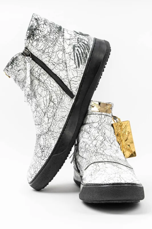 MENS MID TOP BIKER SHOES IN CRACKLED WHITE sold by Robin's Jean