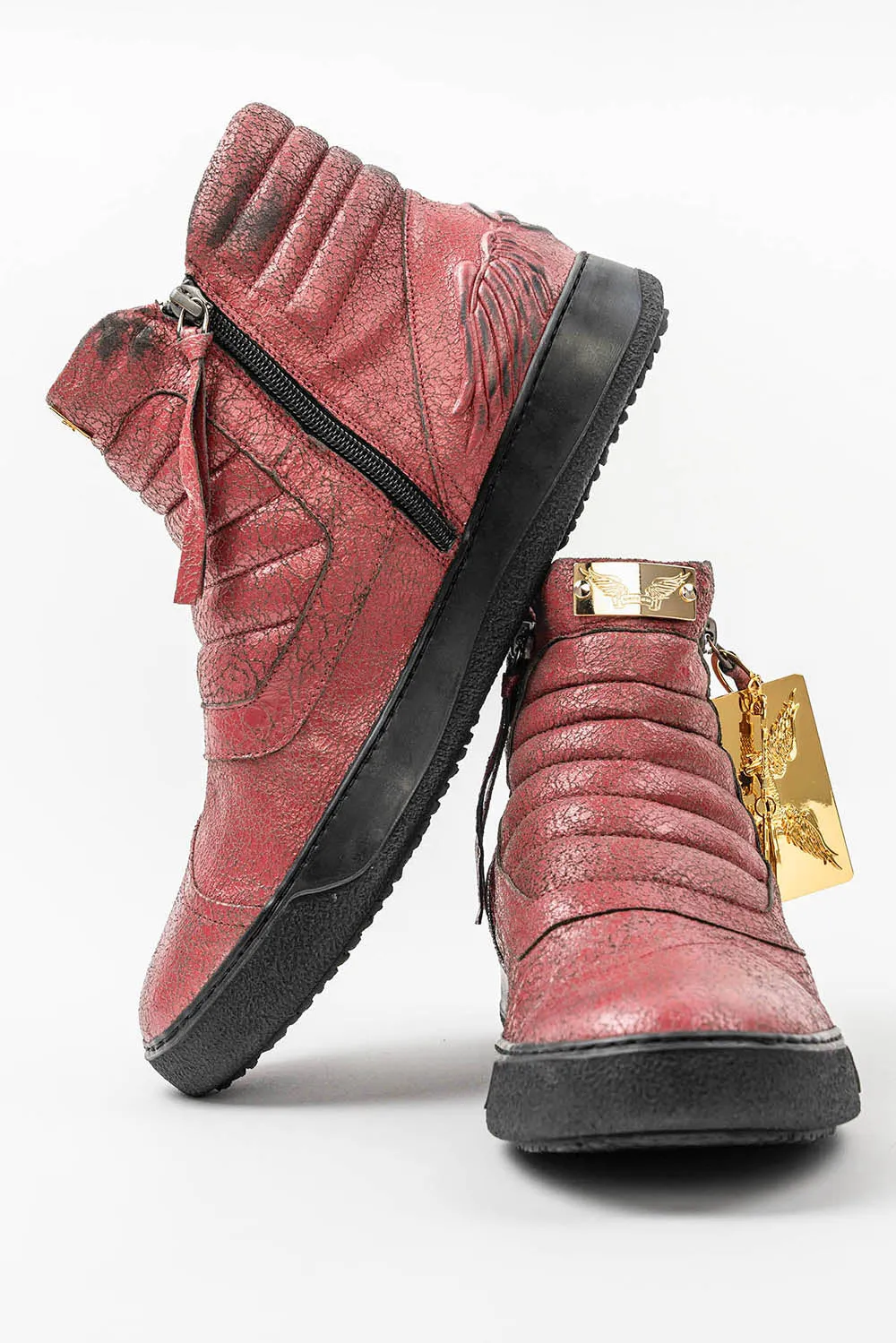 MENS MID TOP BIKER SHOES IN CRACKLED RED sold by Robin's Jean