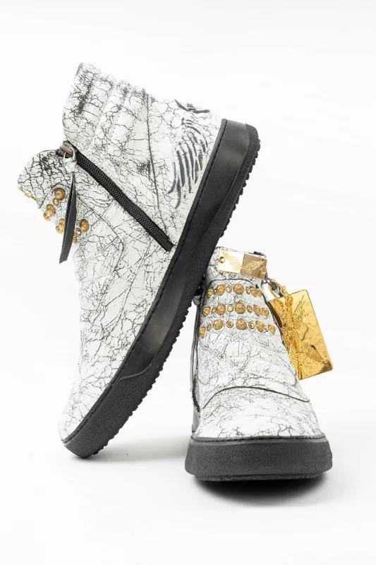 MENS MID TOP BIKER SHOES IN CRACKLED WHITE  LEATHER WITH CRYSTALS AND STUDS sold by Robin's Jean