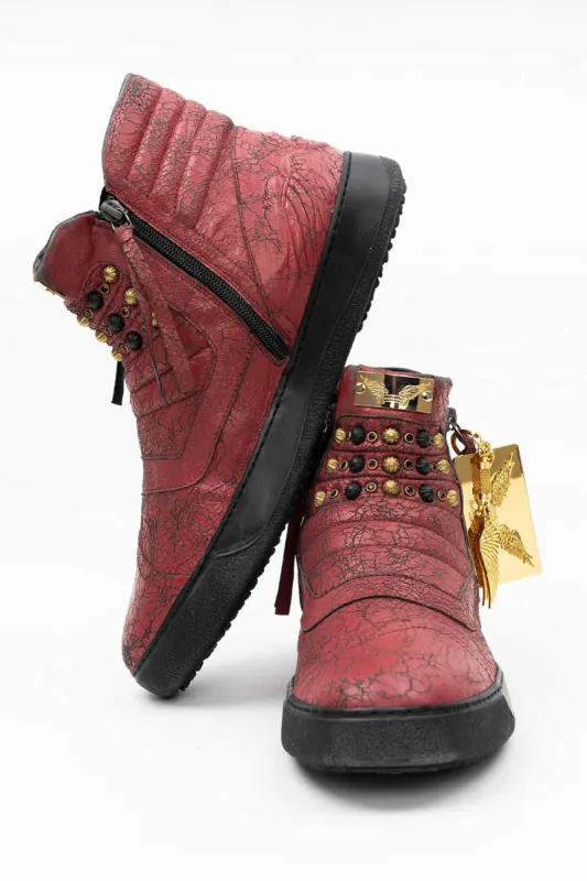 MENS BIKER SHOES IN CRACKLED RED WITH CRYSTALS sold by Robin's Jean