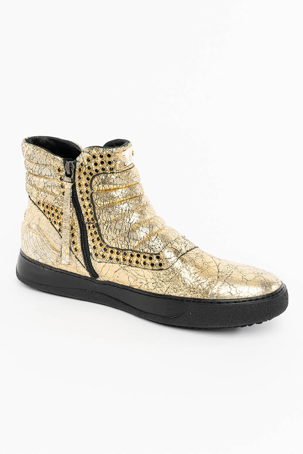 MENS MID TOP BIKER SHOES IN CRACKLED GOLD LEATHER WITH CRYSTAL EMBELLISHMENT sold by Robin's Jean product image thumbnail 5