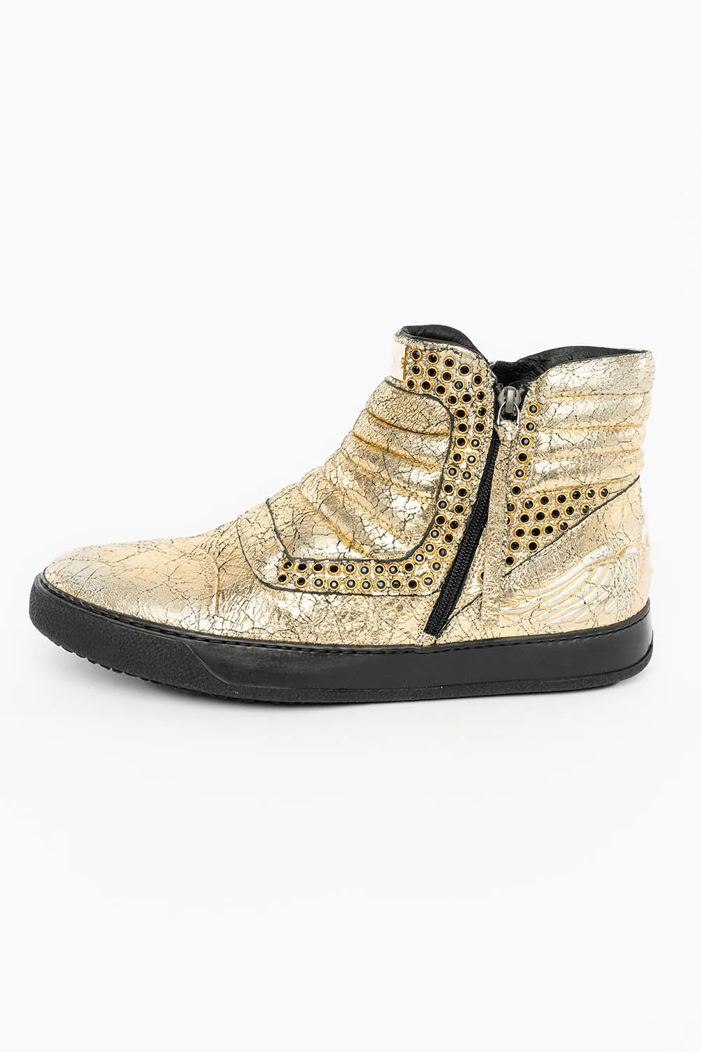 MENS MID TOP BIKER SHOES IN CRACKLED GOLD LEATHER WITH CRYSTAL EMBELLISHMENT sold by Robin's Jean product image thumbnail 2