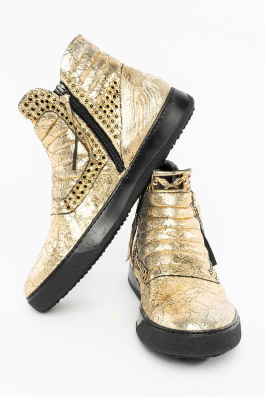 MENS MID TOP BIKER SHOES IN CRACKLED GOLD LEATHER WITH CRYSTAL EMBELLISHMENT sold by Robin's Jean