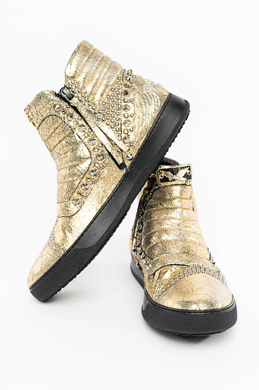 MENS MID TOP BIKER SHOES IN CRACKLED GOLD LEATHER WITH CRYSTALS AND STUDS  EMBELLISHMENT sold by Robin's Jean
