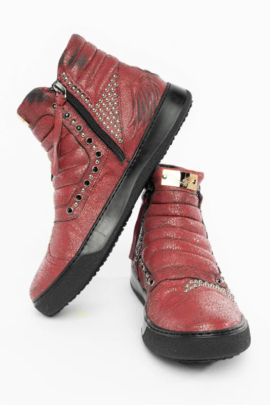 MENS MID TOP BIKER SHOES IN CRACKLED RED LEATHER WITH CRYSTALS AND STUDS  EMBELLISHMENT sold by Robin's Jean