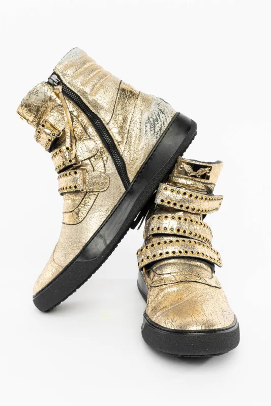 MENS HIGH TOP VELCRO  SHOES IN CRACKLED GOLD LEATHER WITH CRYSTAL EMBELLISHMENT sold by Robin's Jean